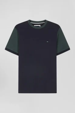Regular green cotton T-shirt with short contrasting sleeves