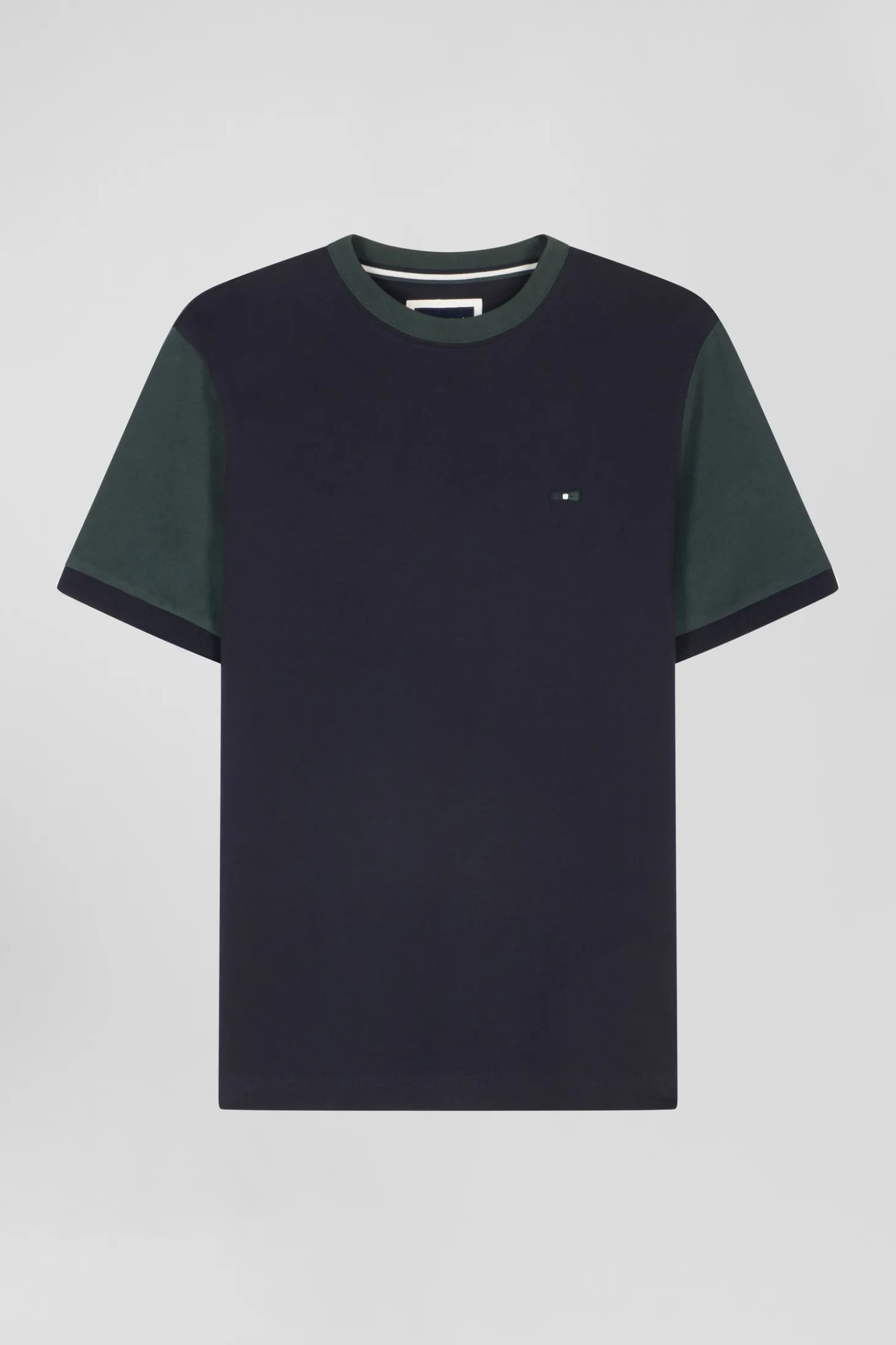 Regular green cotton T-shirt with short contrasting sleeves