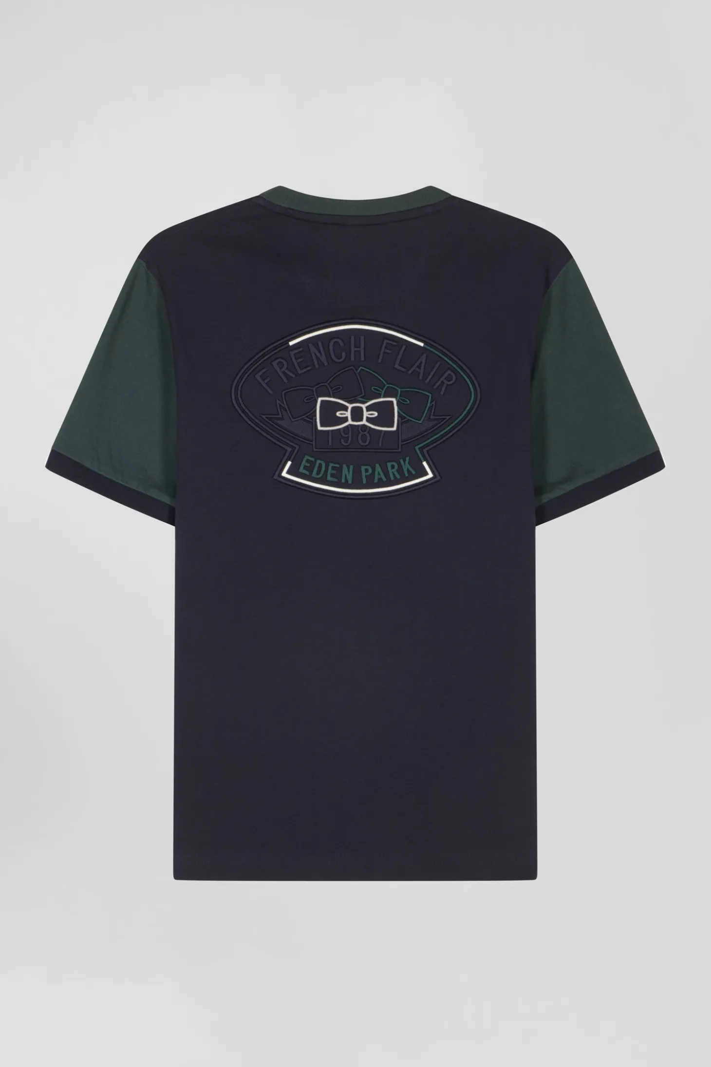 Regular green cotton T-shirt with short contrasting sleeves