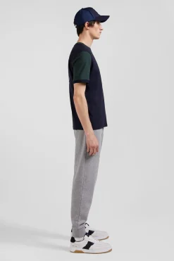 Regular green cotton T-shirt with short contrasting sleeves