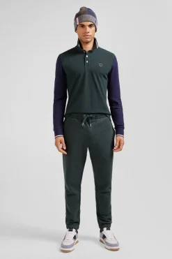 Regular green long-sleeved cotton piqué polo shirt with jacquard collar and rubber badge