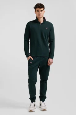 Regular green long-sleeved cotton piqué polo shirt with pink details