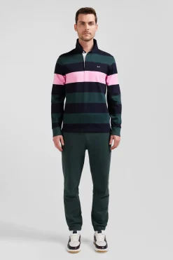 Regular green long-sleeved striped cotton rugby shirt
