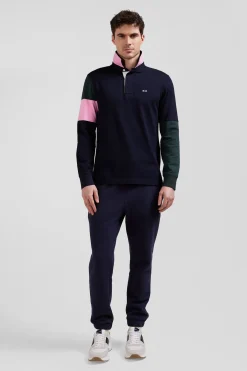 Regular green long-sleeved cotton rugby shirt with tie fabric patchwork