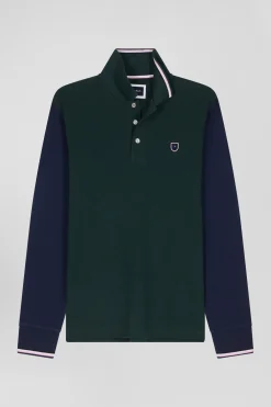 Regular green long-sleeved cotton piqué polo shirt with jacquard collar and rubber badge