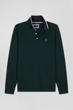 Regular green long-sleeved cotton piqué polo shirt with tricolor details