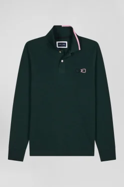 Regular green long-sleeved cotton piqué polo shirt with pink details