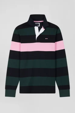 Regular green long-sleeved striped cotton rugby shirt