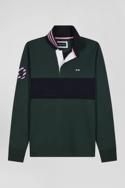 Regular green long-sleeved cotton rugby shirt with sleeve N°10 embroidery