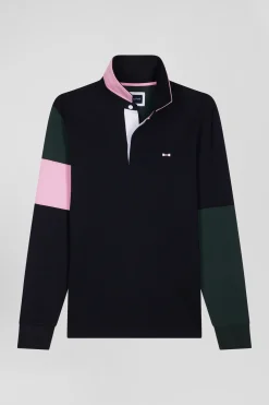Regular green long-sleeved cotton rugby shirt with tie fabric patchwork