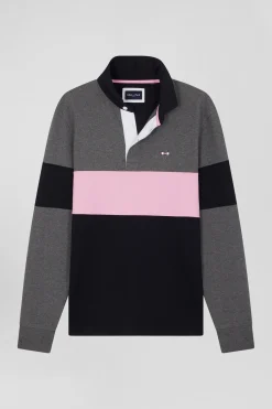 Regular green long-sleeved colourblock cotton rugby shirt with back embroidery