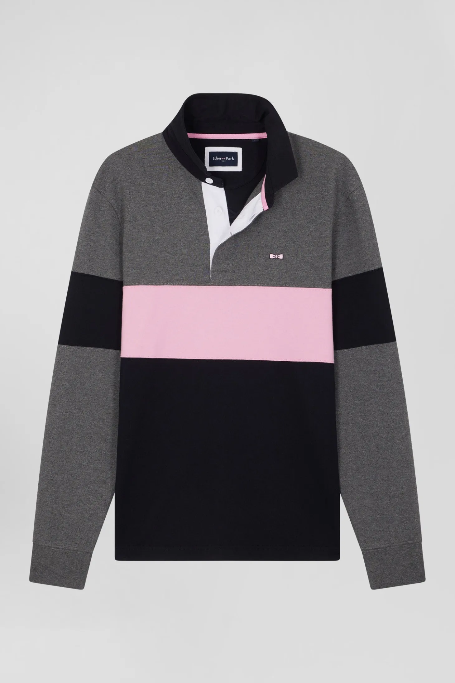 Regular green long-sleeved colourblock cotton rugby shirt with back embroidery