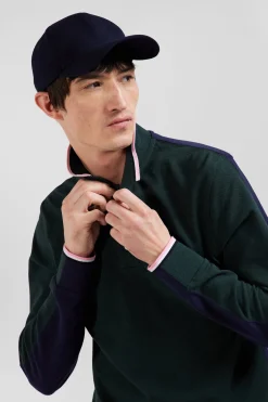 Regular green long-sleeved cotton piqué polo shirt with tricolor details