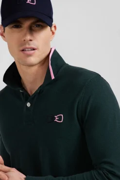 Regular green long-sleeved cotton piqué polo shirt with pink details