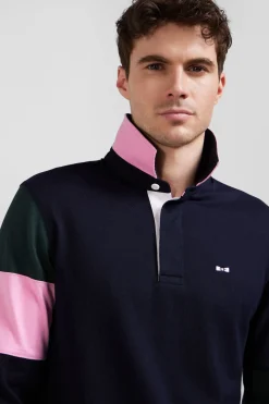 Regular green long-sleeved cotton rugby shirt with tie fabric patchwork