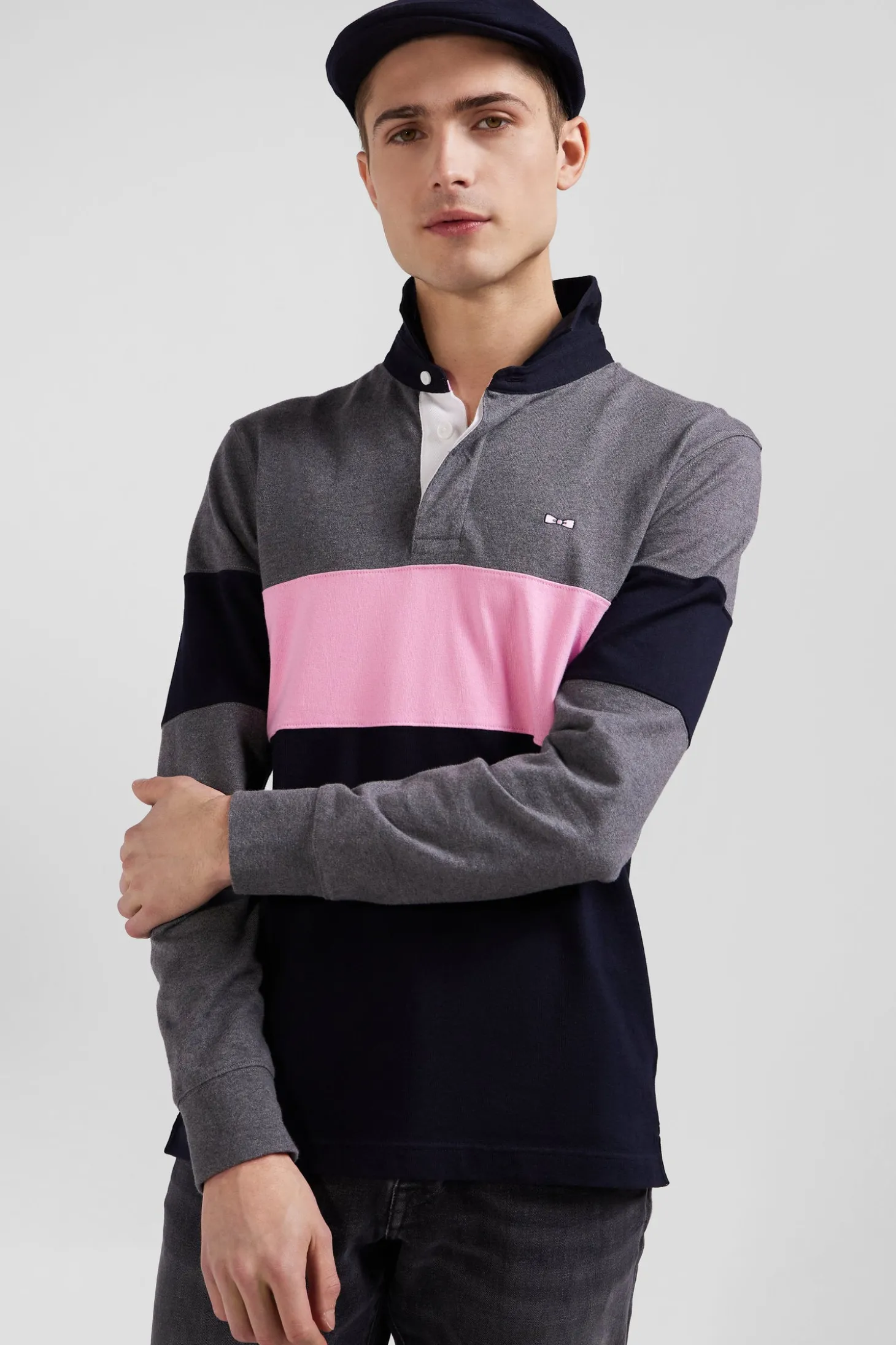 Regular green long-sleeved colourblock cotton rugby shirt with back embroidery