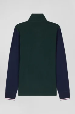 Regular green long-sleeved cotton piqué polo shirt with jacquard collar and rubber badge