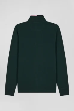 Regular green long-sleeved cotton piqué polo shirt with pink details