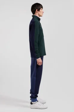 Regular green long-sleeved cotton piqué polo shirt with tricolor details
