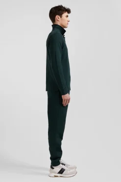 Regular green long-sleeved cotton piqué polo shirt with pink details