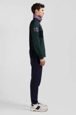 Regular green long-sleeved cotton rugby shirt with sleeve N°10 embroidery
