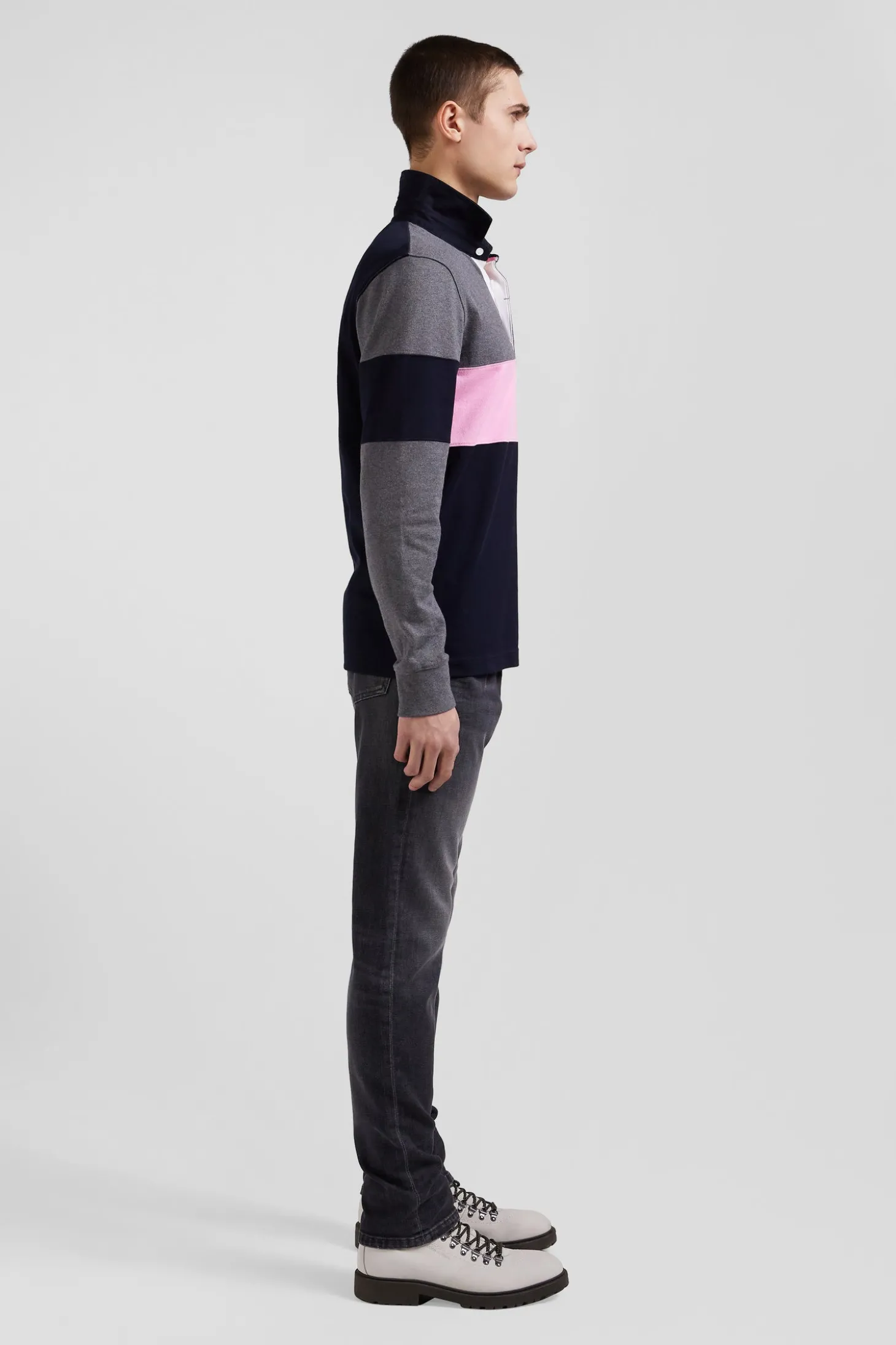 Regular green long-sleeved colourblock cotton rugby shirt with back embroidery