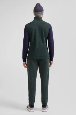 Regular green long-sleeved cotton piqué polo shirt with jacquard collar and rubber badge