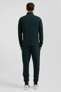 Regular green long-sleeved cotton piqué polo shirt with pink details