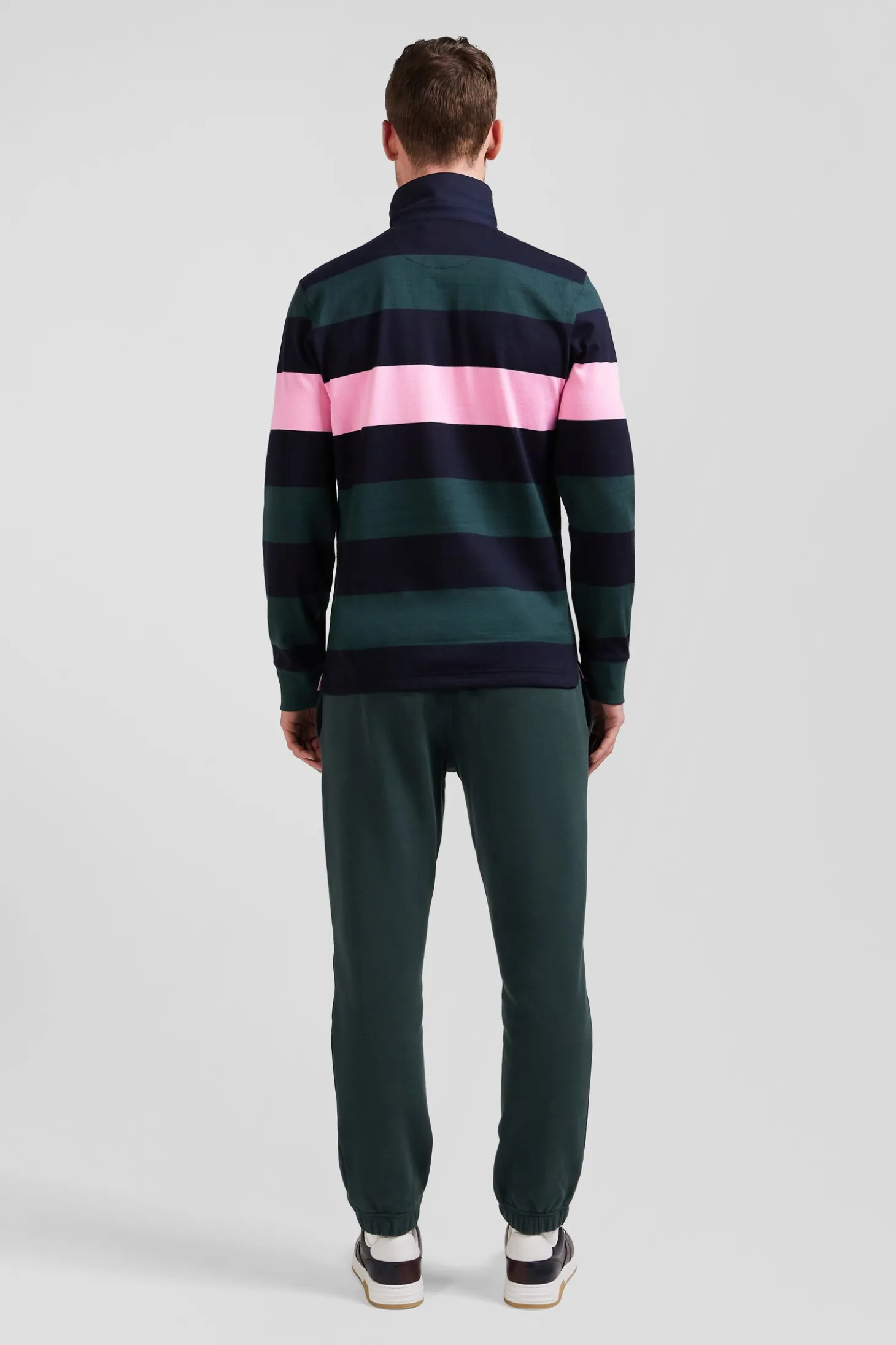 Regular green long-sleeved striped cotton rugby shirt