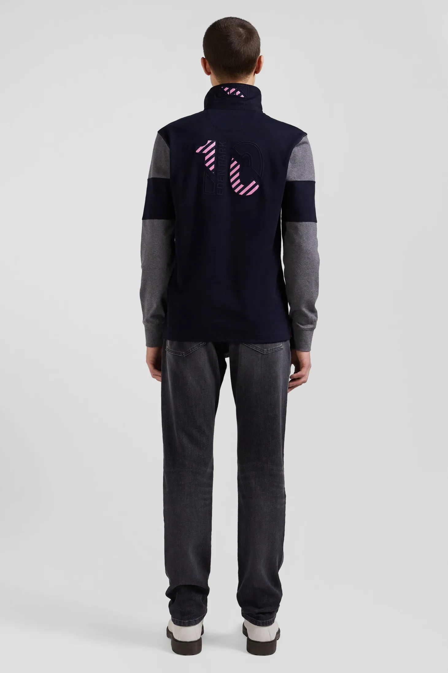 Regular green long-sleeved colourblock cotton rugby shirt with back embroidery