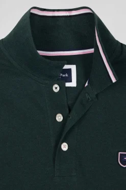 Regular green long-sleeved cotton piqué polo shirt with jacquard collar and rubber badge