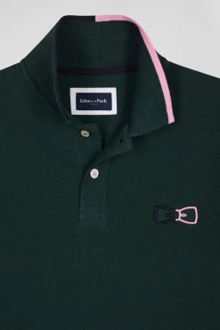 Regular green long-sleeved cotton piqué polo shirt with pink details