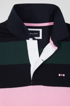 Regular green long-sleeved striped cotton rugby shirt