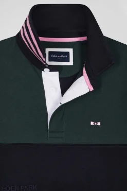 Regular green long-sleeved cotton rugby shirt with sleeve N°10 embroidery