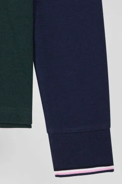 Regular green long-sleeved cotton piqué polo shirt with jacquard collar and rubber badge