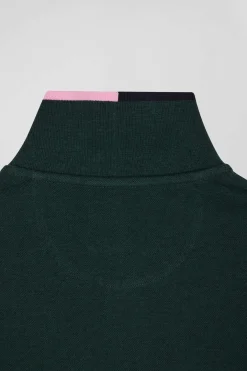 Regular green long-sleeved cotton piqué polo shirt with pink details