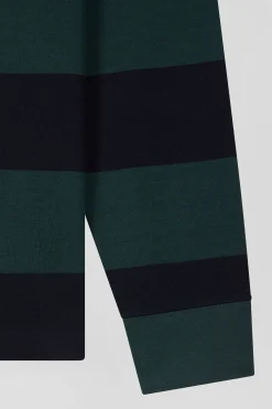 Regular green long-sleeved striped cotton rugby shirt