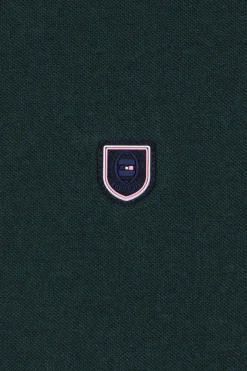 Regular green long-sleeved cotton piqué polo shirt with jacquard collar and rubber badge
