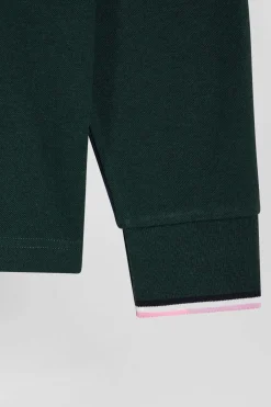 Regular green long-sleeved cotton piqué polo shirt with tricolor details