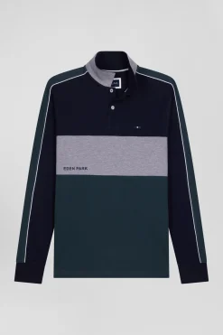 Regular green mottled short-sleeved cotton piqué polo shirt