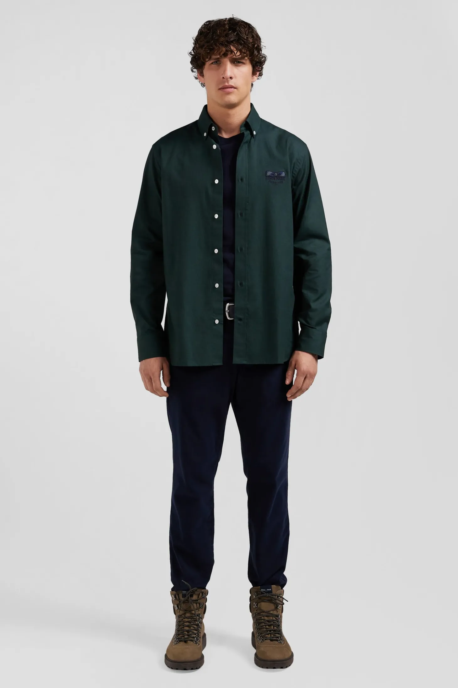 Regular green oxford cotton shirt with striped bow tie detail