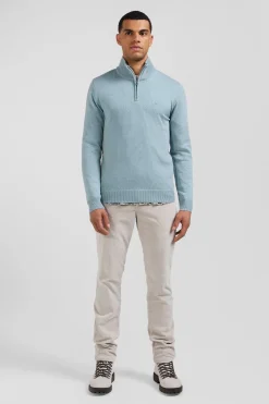 Regular green semi-zipped wool and cotton jumper