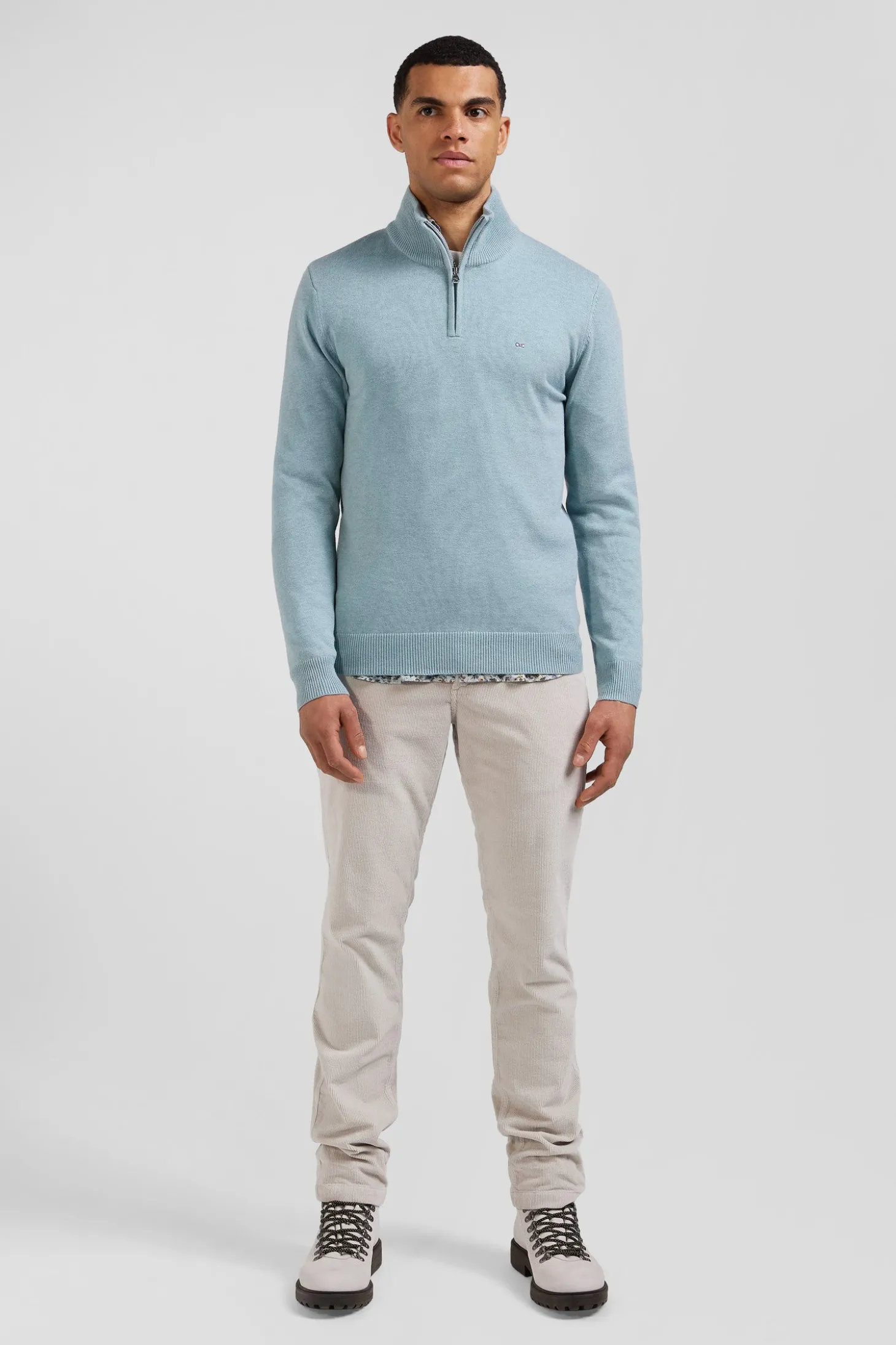 Regular green semi-zipped wool and cotton jumper
