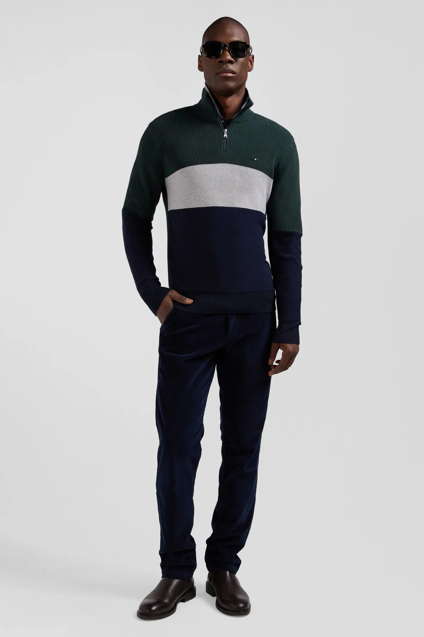 Regular green semi-zipped cotton jumper with knit patterns