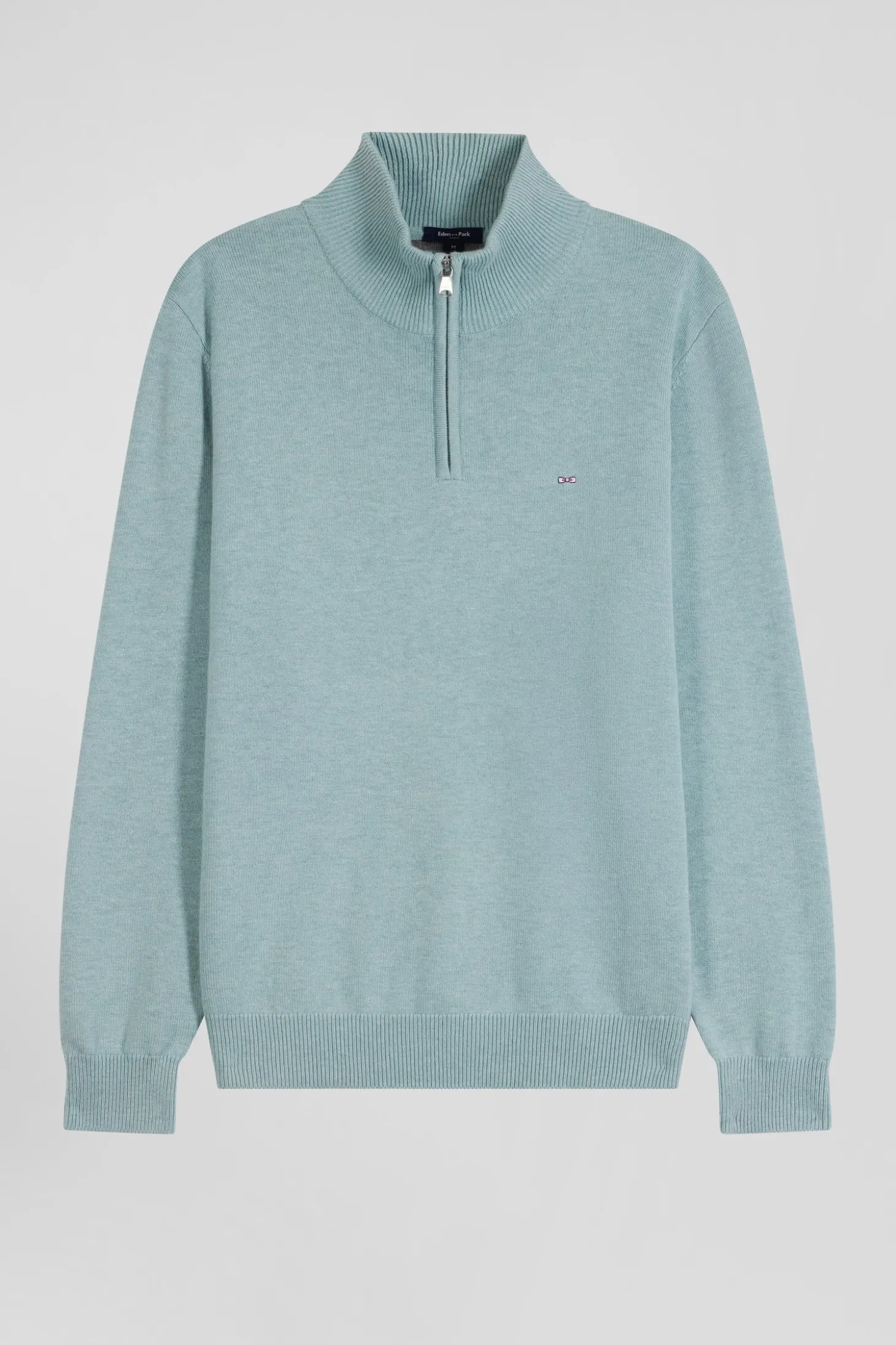 Regular green semi-zipped wool and cotton jumper
