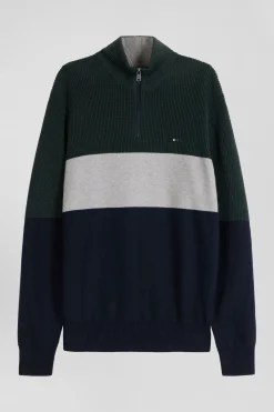 Regular green semi-zipped cotton jumper with knit patterns