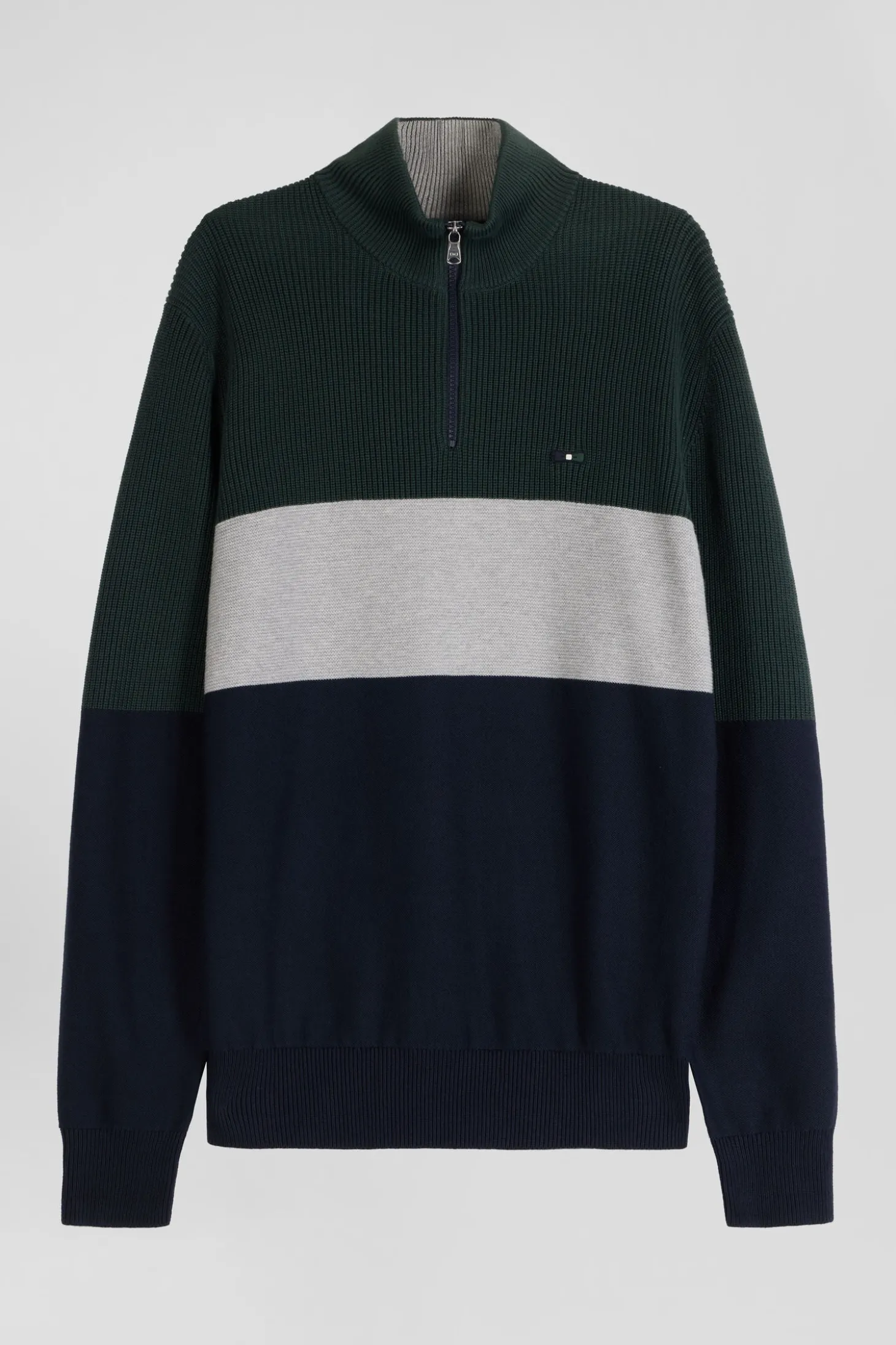 Regular green semi-zipped cotton jumper with knit patterns