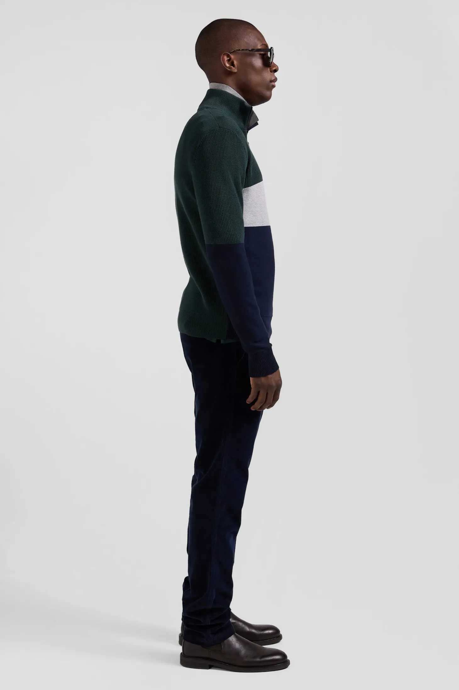 Regular green semi-zipped cotton jumper with knit patterns
