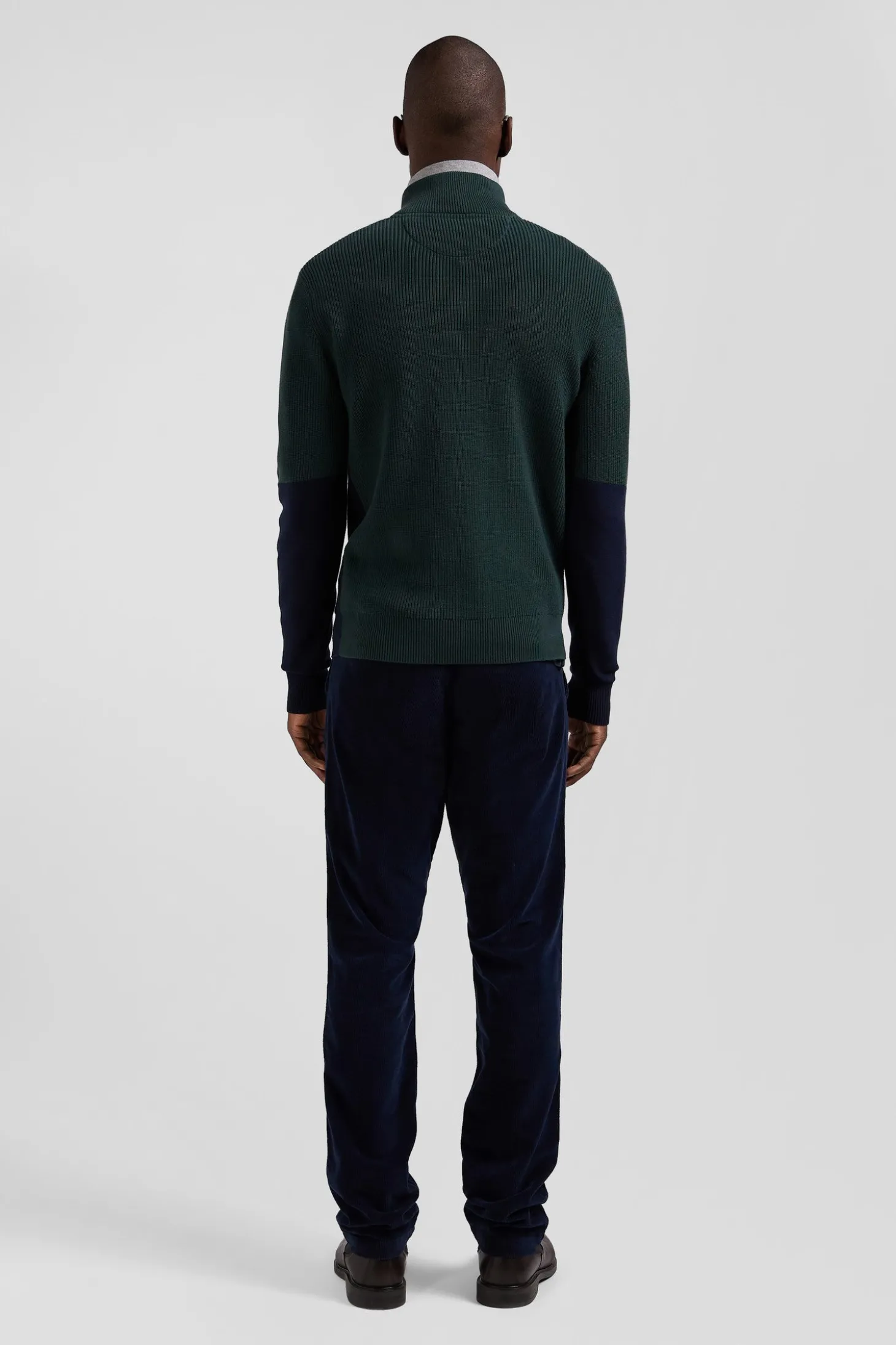 Regular green semi-zipped cotton jumper with knit patterns