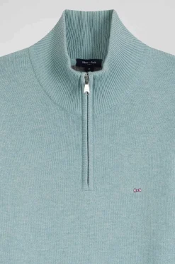Regular green semi-zipped wool and cotton jumper
